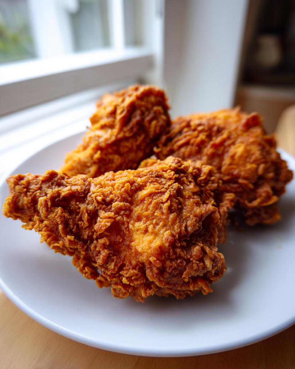 Three pieces of golden brown, crispy fried chicken resting on a white plate near a window.