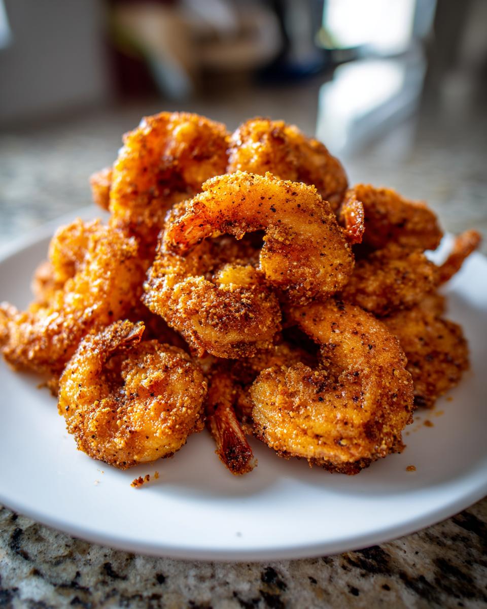 A close-up of a mound of golden brown, seasoned fried shrimp piled high on a white plate.