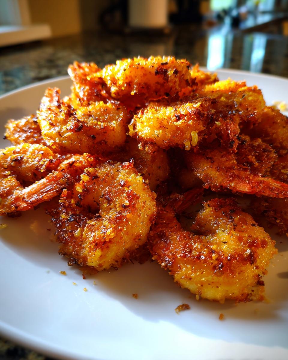 A close-up of a pile of perfectly golden brown, crispy fried shrimp on a white plate.