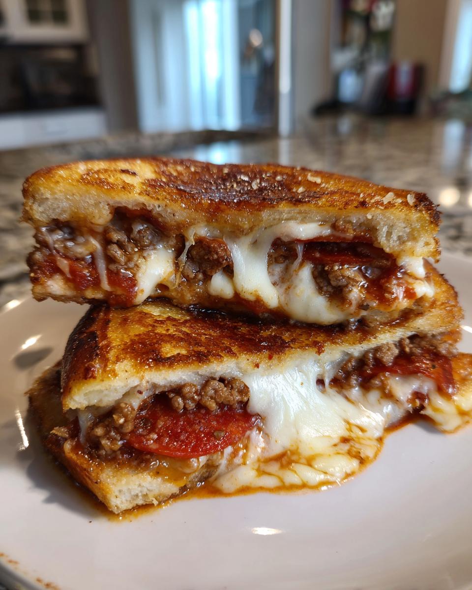Close-up of a grilled sandwich cut in half, oozing melted cheese, pepperoni, and meat filling, representing delicious garbage bread.