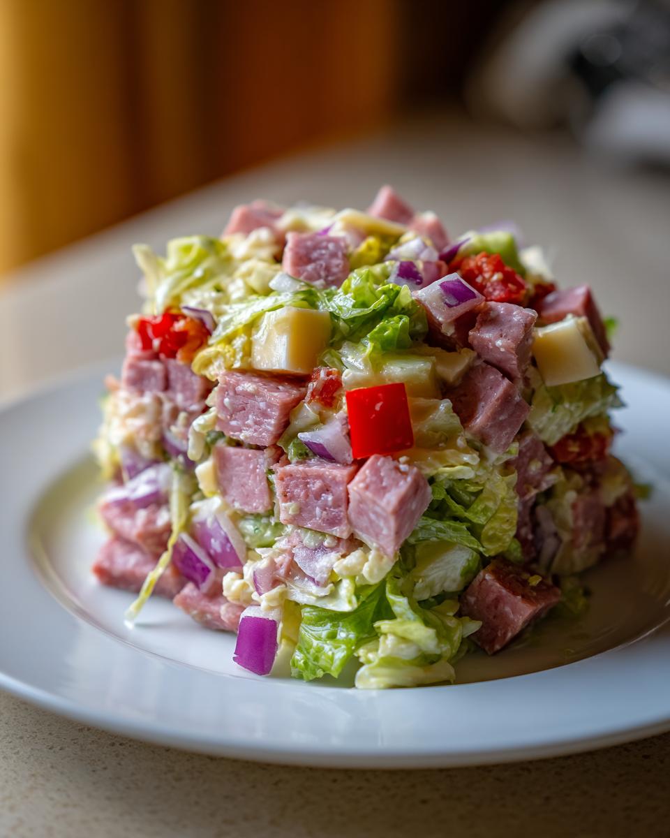 A mound of colorful grinder salad featuring cubed meats, cheese, lettuce, and red onion served on a white plate.