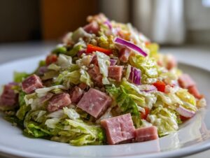 A close-up of a hearty grinder salad featuring chopped lettuce, cubes of deli meat, red onion, and peppers on a white plate.