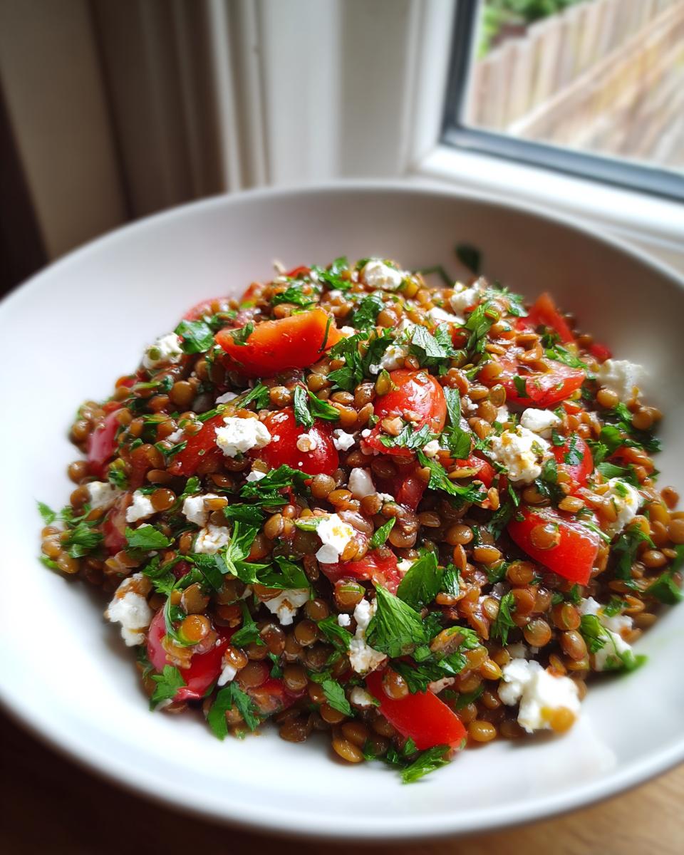Close-up of a bright lentil salad mixed with chunks of red tomato, white feta cheese, and fresh green parsley.