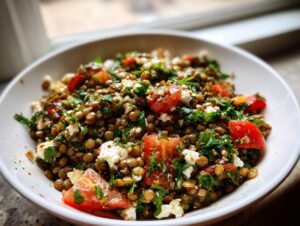 Close-up of a vibrant lentil salad featuring brown lentils, diced red tomatoes, feta cheese, and fresh parsley.