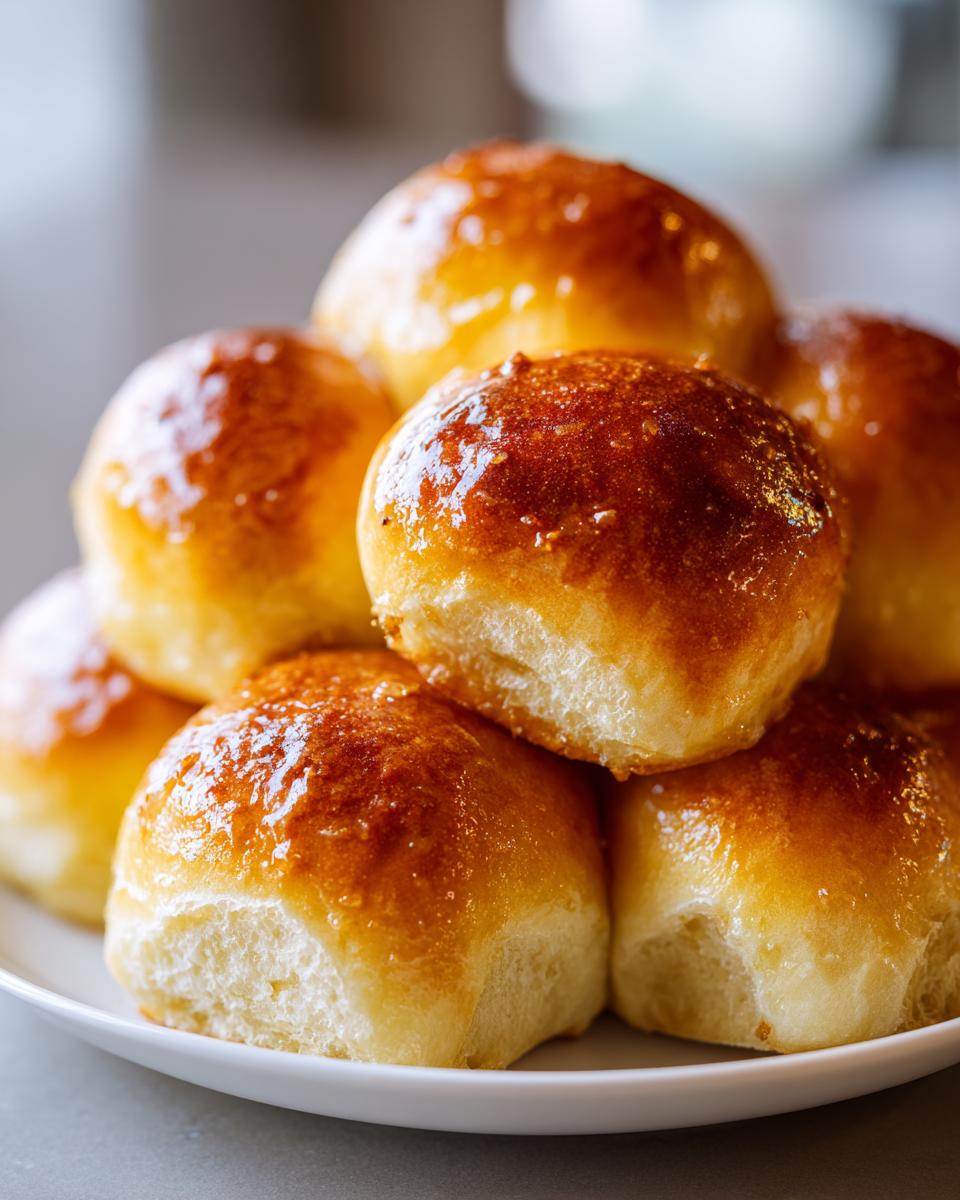 A stack of freshly baked, golden brown dinner rolls with a shiny glaze, ready to be served.