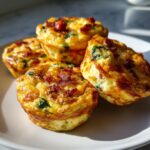 Four golden-brown mini quiche muffins topped with bacon pieces and spinach, arranged on a white plate.