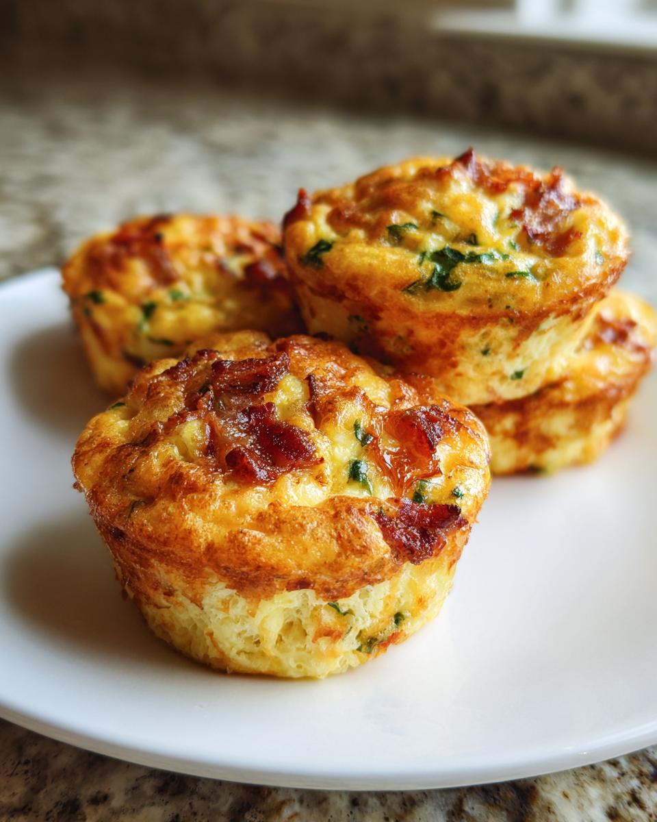 A stack of four golden brown mini quiche muffins topped with crispy bacon pieces, served on a white plate.