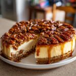 A slice removed from a rich pecan pie cheesecake topped with sticky pecans and caramel sauce.