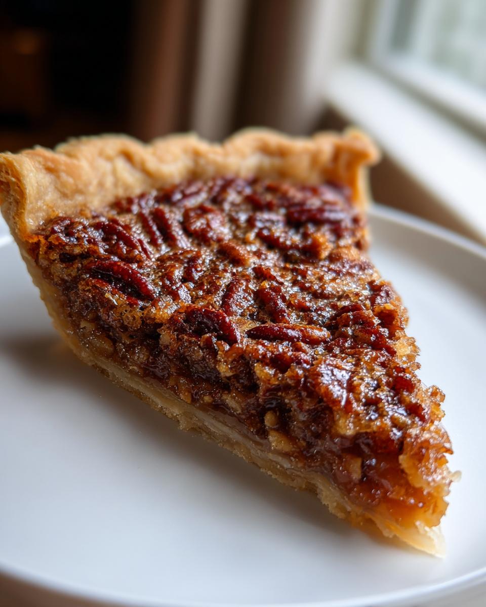 A close-up of a gooey slice of amazing pecan pie with a flaky crust on a white plate.