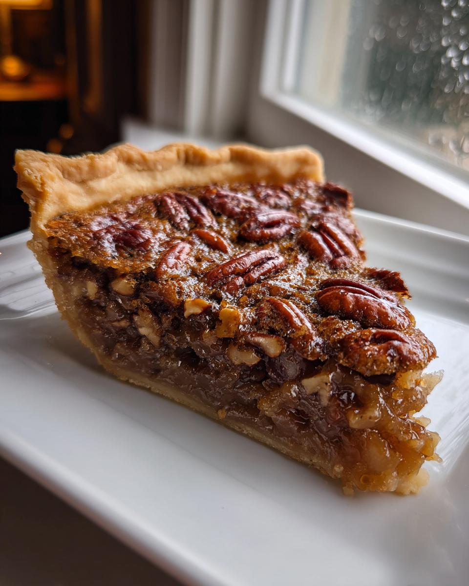A close-up of a gooey slice of amazing pecan pie with a flaky crust, served on a white plate near a window.