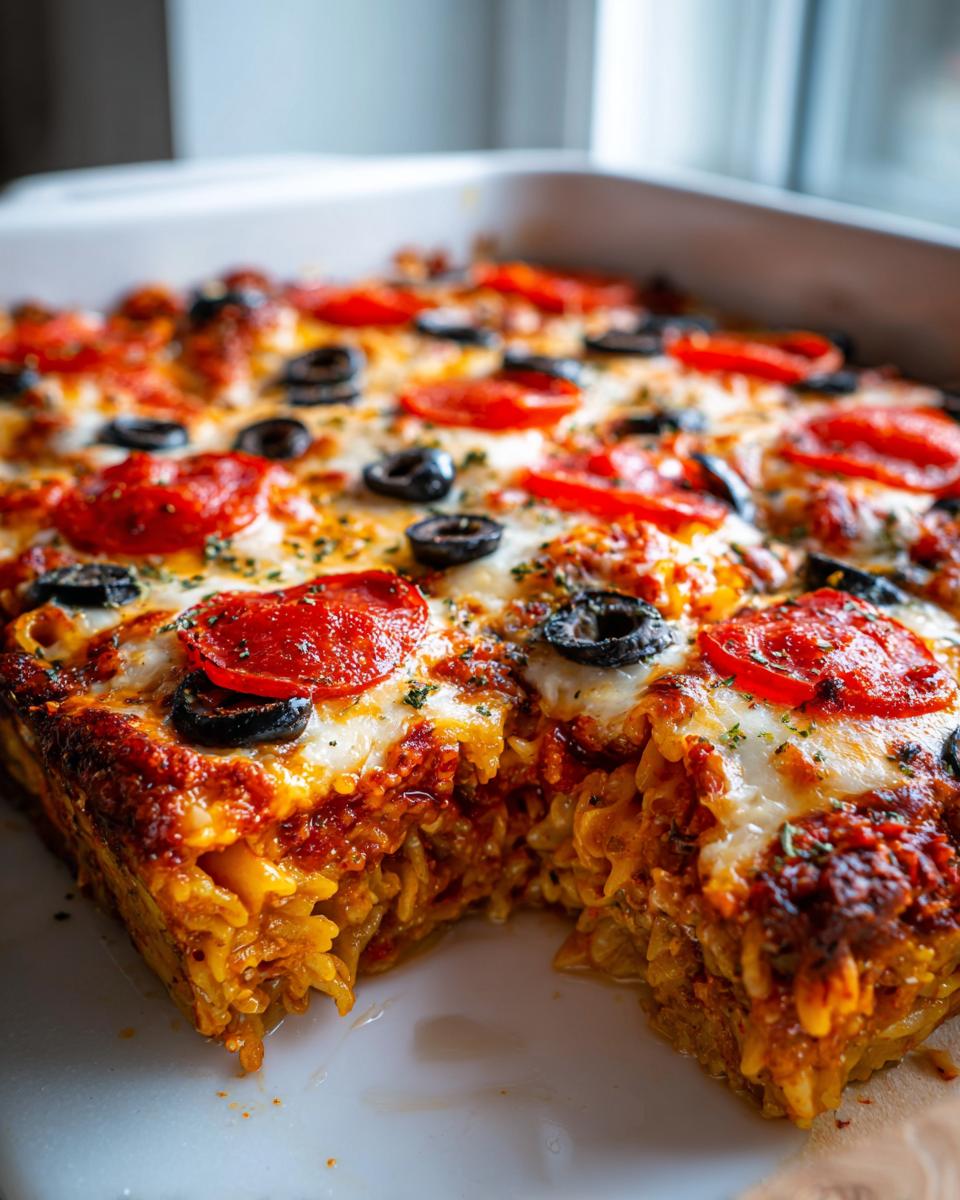A square portion of baked pizza pasta casserole topped with melted cheese, pepperoni, and black olives.