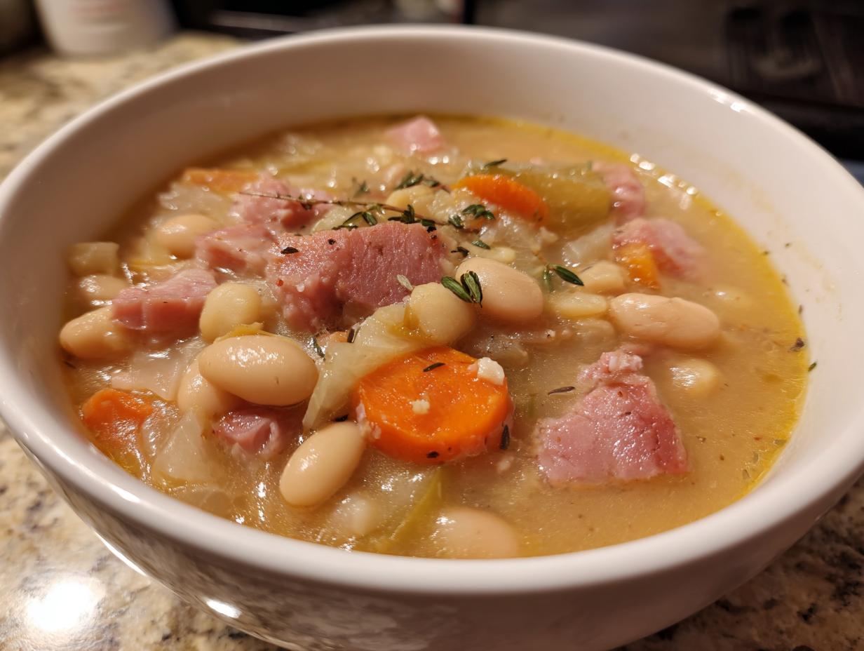 Close-up of a white bowl filled with thick, creamy bean soup featuring white beans, diced ham, carrots, and herbs.