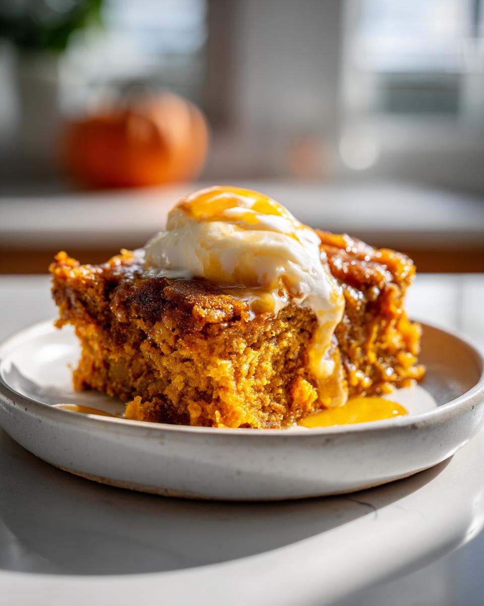 A moist slice of pumpkin dump cake topped with whipped cream and caramel sauce on a white plate.