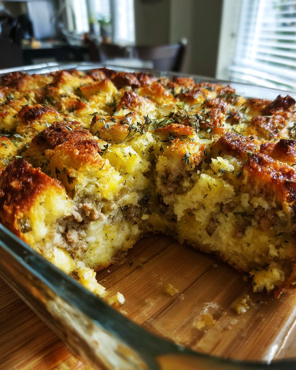 Close-up of a freshly baked sausage stuffing with a golden crust, showing a serving removed.