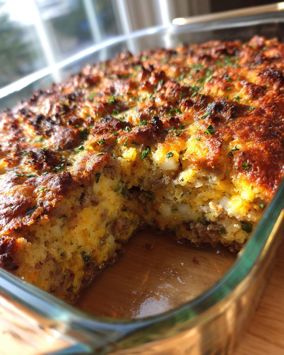 Close-up of baked sausage stuffing in a glass dish, showing a deep golden, crispy top and a moist interior.