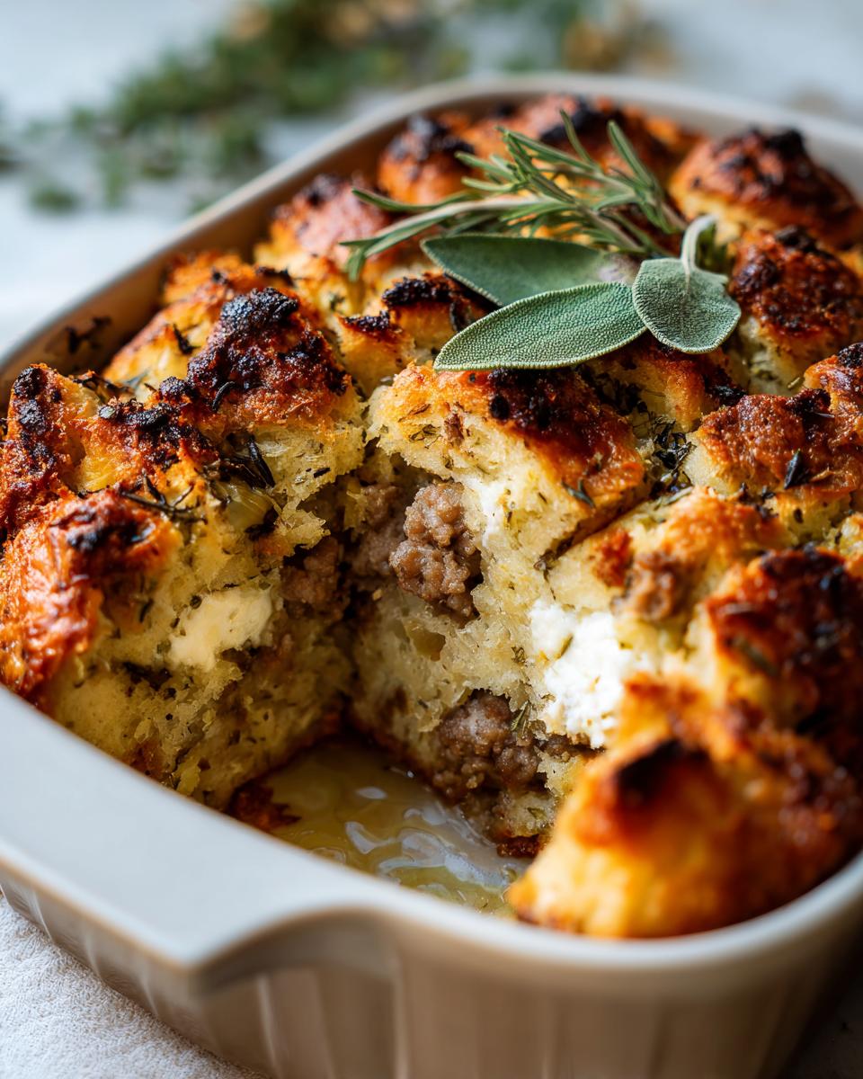 A close-up of a baked sausage stuffing casserole, showing a golden-brown crust and a cross-section revealing sausage and cheese filling.