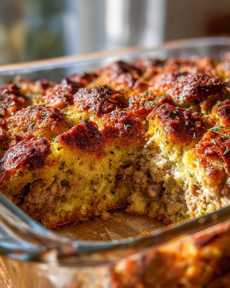 A close-up view of baked sausage stuffing with a golden-brown, crusty top in a clear glass baking dish.