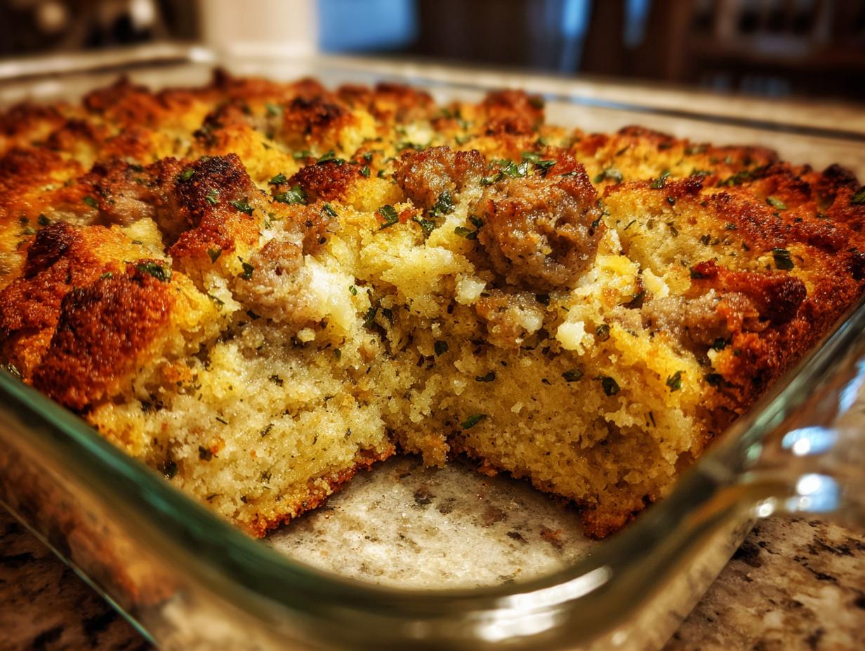 A close-up, warm-toned photo of freshly baked sausage stuffing with a golden-brown crust, showing a serving removed.
