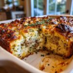 Close-up of a golden-brown, cheesy sausage stuffing with a piece removed, garnished with fresh thyme.