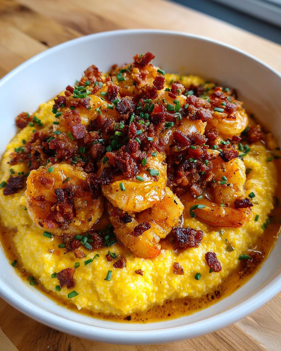 A close-up of creamy yellow shrimp and grits topped generously with seasoned shrimp, crispy bacon bits, and fresh chives.