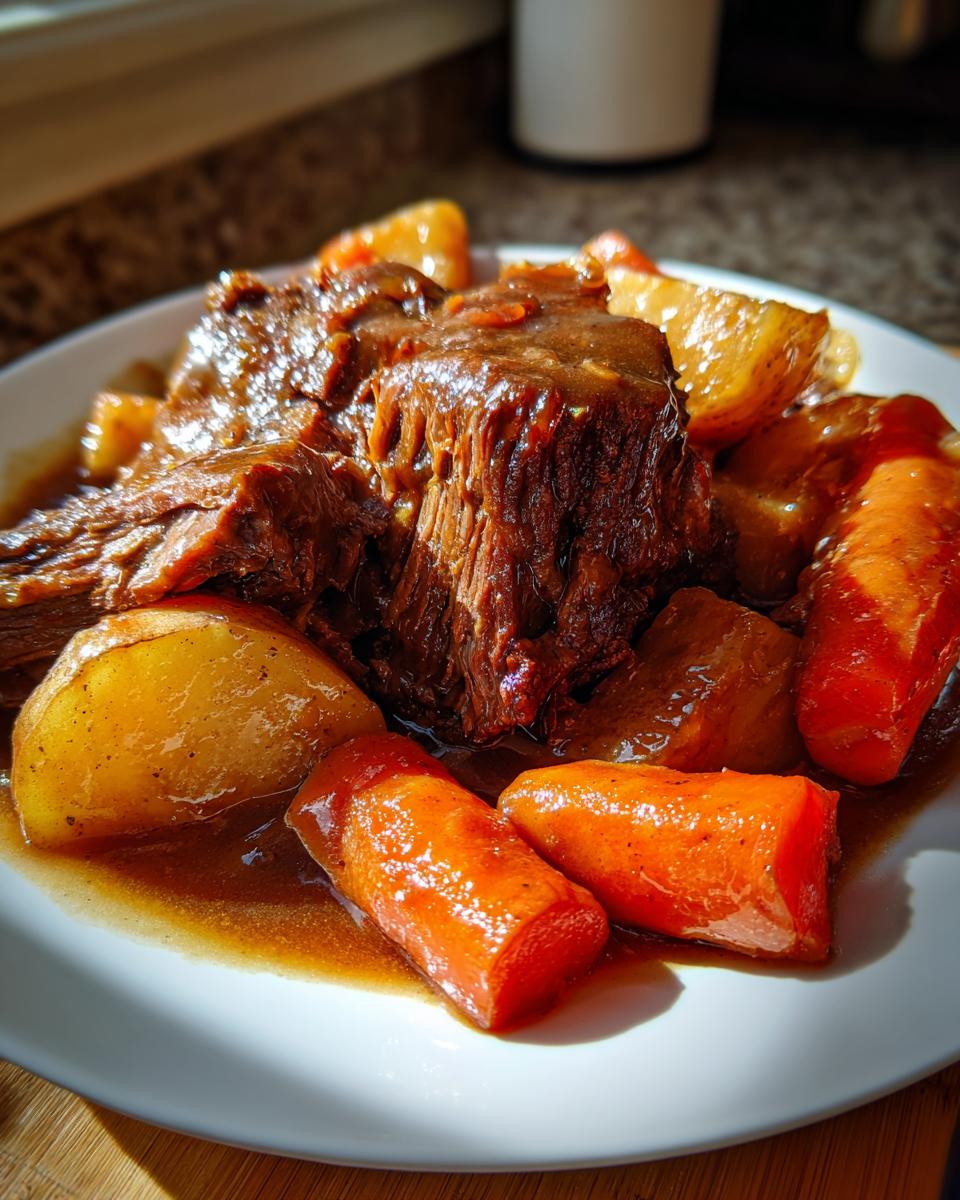A close-up of a serving of tender slow cooker pot roast surrounded by cooked carrots and potatoes in rich gravy.