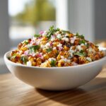 A white bowl filled with charred street corn salad topped with crumbled white cheese, red onion, and fresh cilantro.