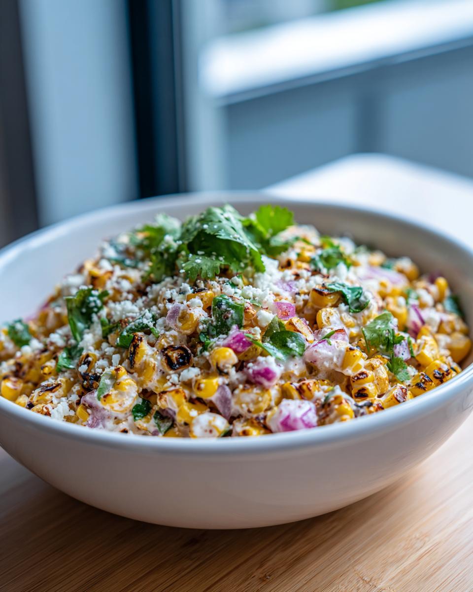 A vibrant bowl of amazing street corn salad featuring charred corn, red onion, creamy dressing, cotija cheese, and cilantro.