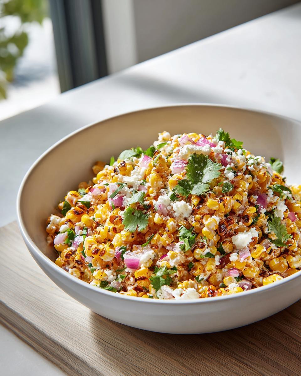 A vibrant bowl of charred corn kernels mixed with red onion, cotija cheese, and cilantro, showcasing the amazing street corn salad.