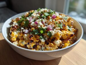 A close-up of a vibrant bowl filled with charred corn kernels, cotija cheese, red onion, and cilantro, showcasing the amazing street corn salad.