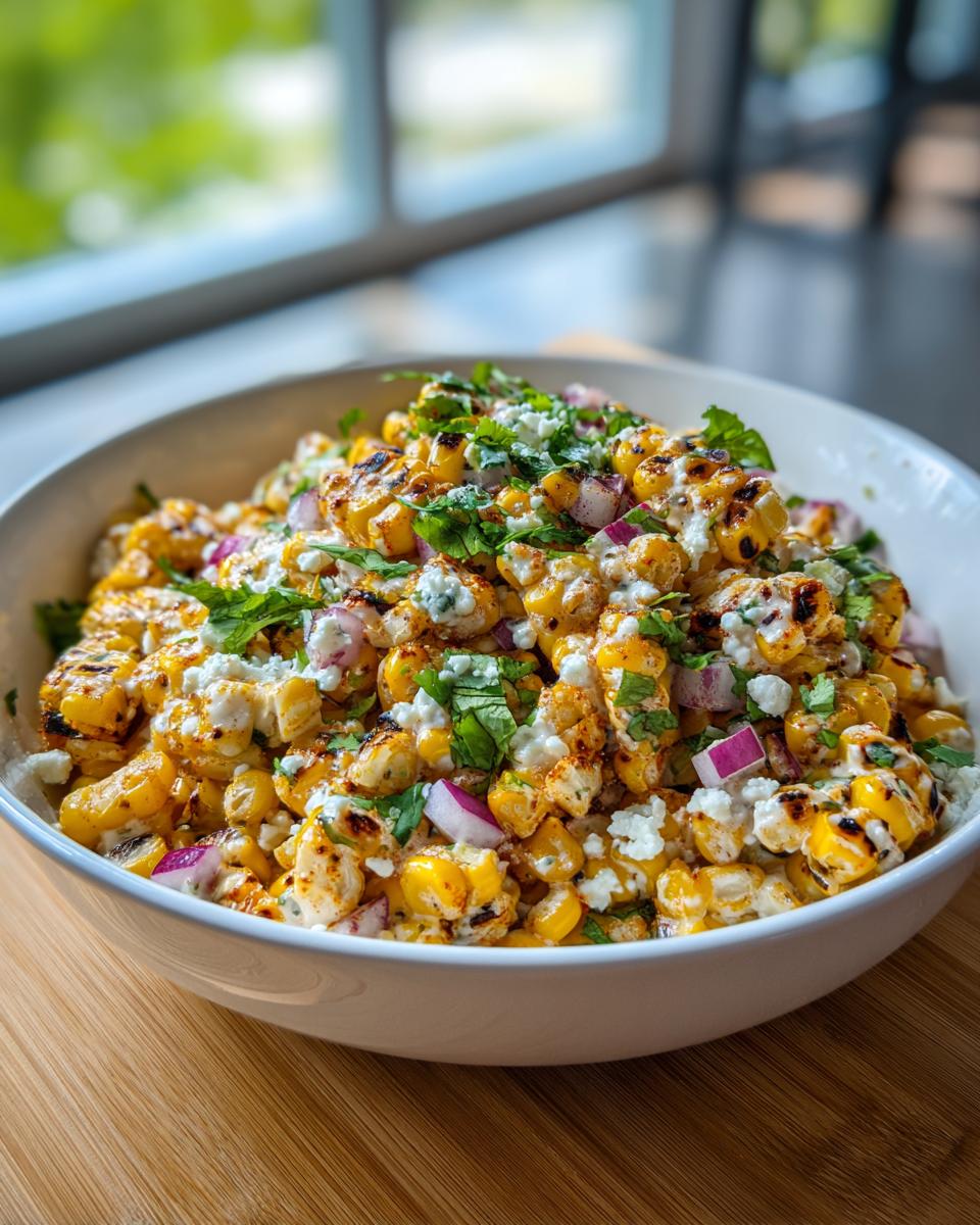 A close-up view of a vibrant street corn salad featuring charred corn kernels, crumbled white cheese, red onion, and fresh cilantro.