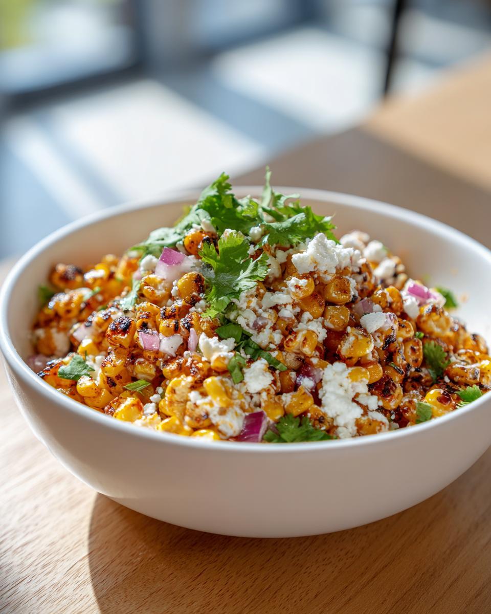 A white bowl filled with charred corn kernels, cotija cheese, red onion, and cilantro, showcasing the street corn salad.