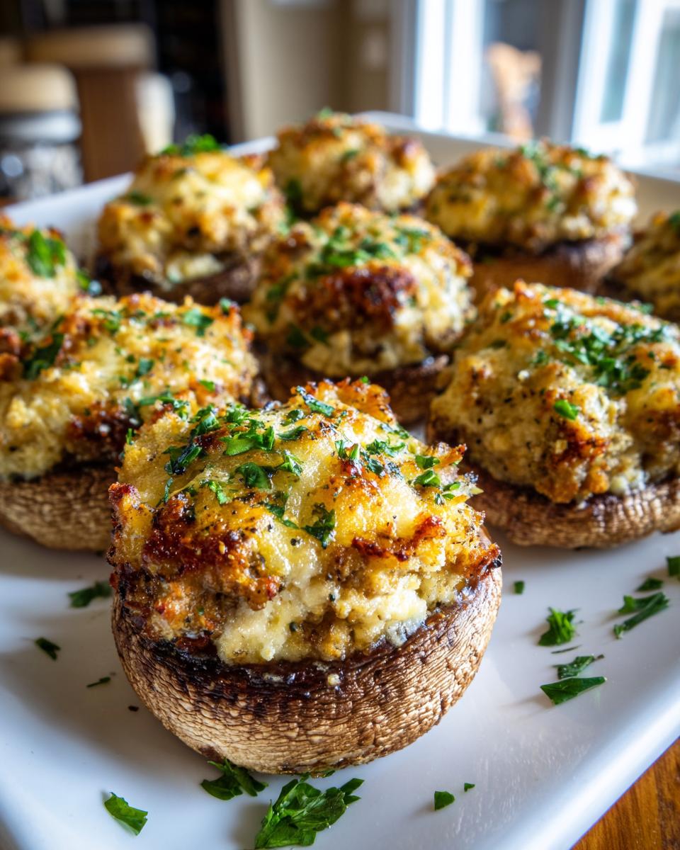 Close-up of baked stuffed mushrooms recipe with golden, cheesy topping and fresh parsley garnish.