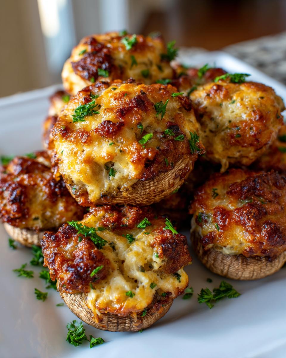 Close-up of several golden-brown stuffed mushrooms recipe appetizers piled on a white plate, topped with melted cheese and parsley.