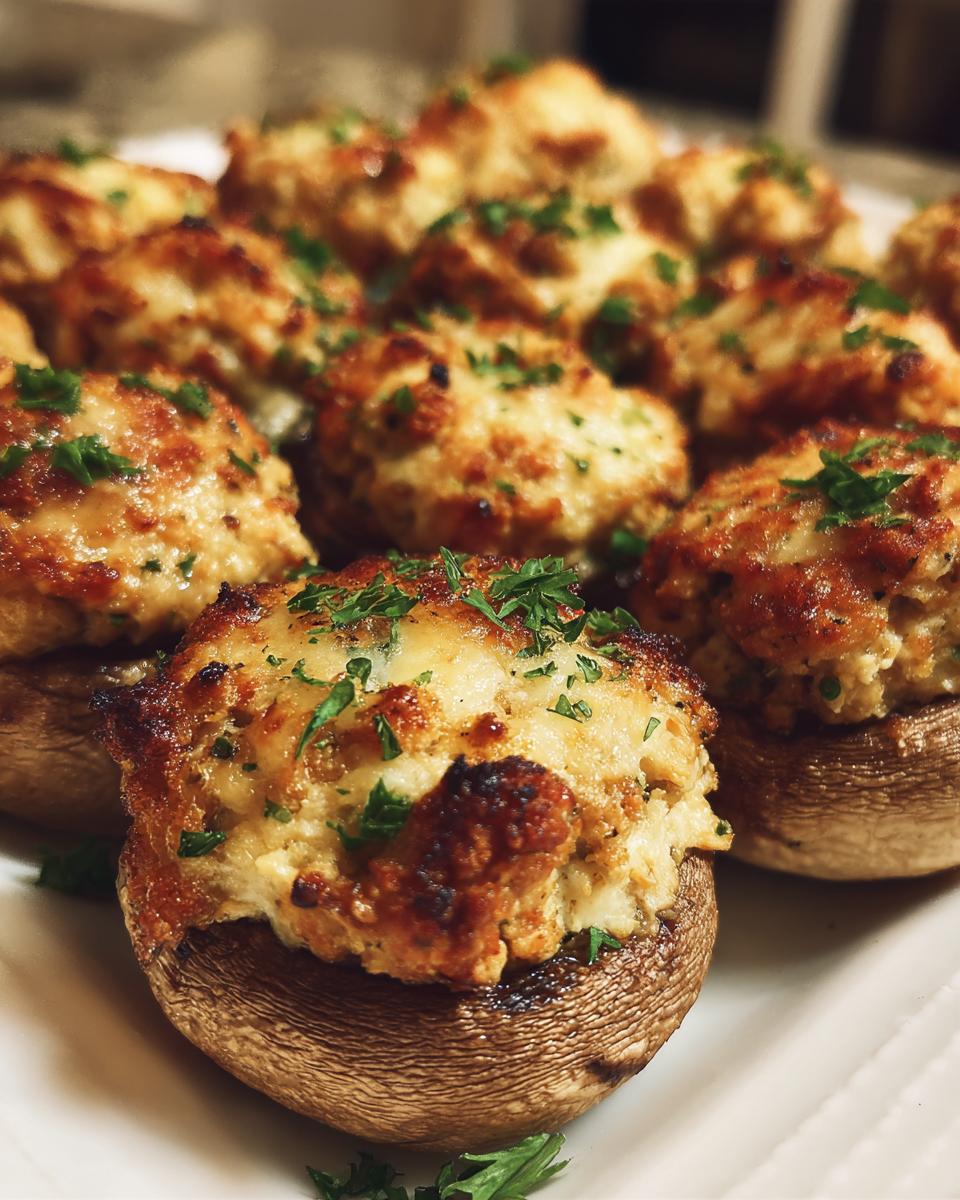 Close-up of baked stuffed mushrooms recipe, topped with golden, cheesy filling and fresh parsley.