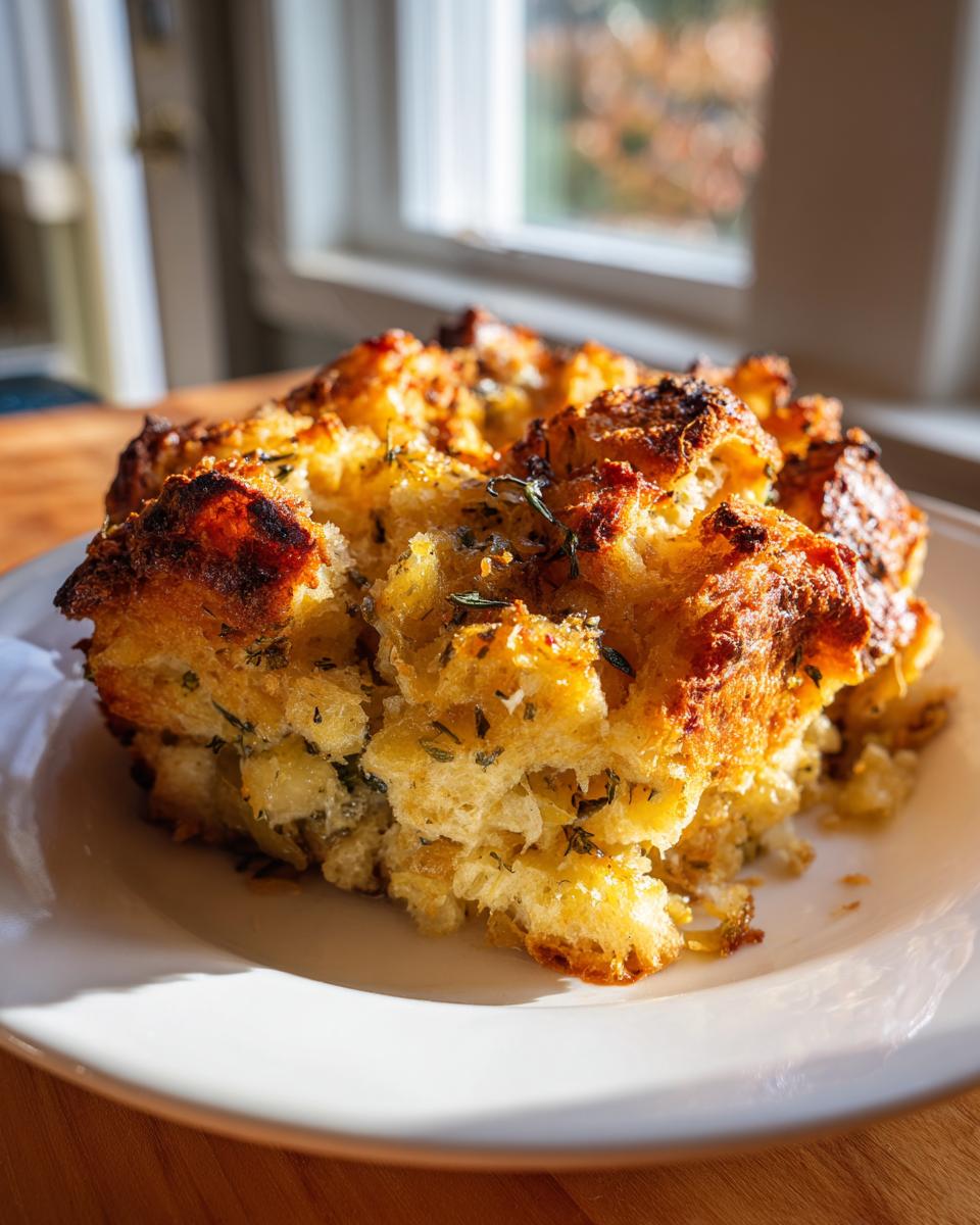 A golden brown, savory portion of homemade stuffing with visible herbs, served on a white plate.