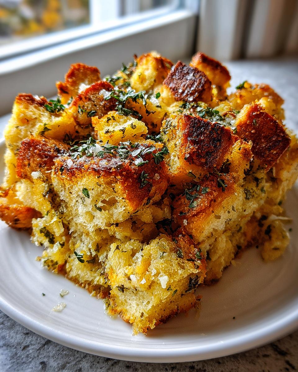 A close-up of a golden brown slice of savory stuffing, topped with herbs and coarse salt.