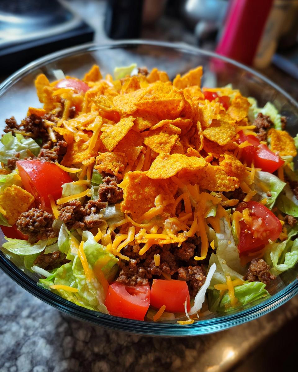 A close-up view of a fresh taco salad featuring lettuce, seasoned ground beef, diced tomatoes, shredded cheese, and topped with crunchy corn chips.
