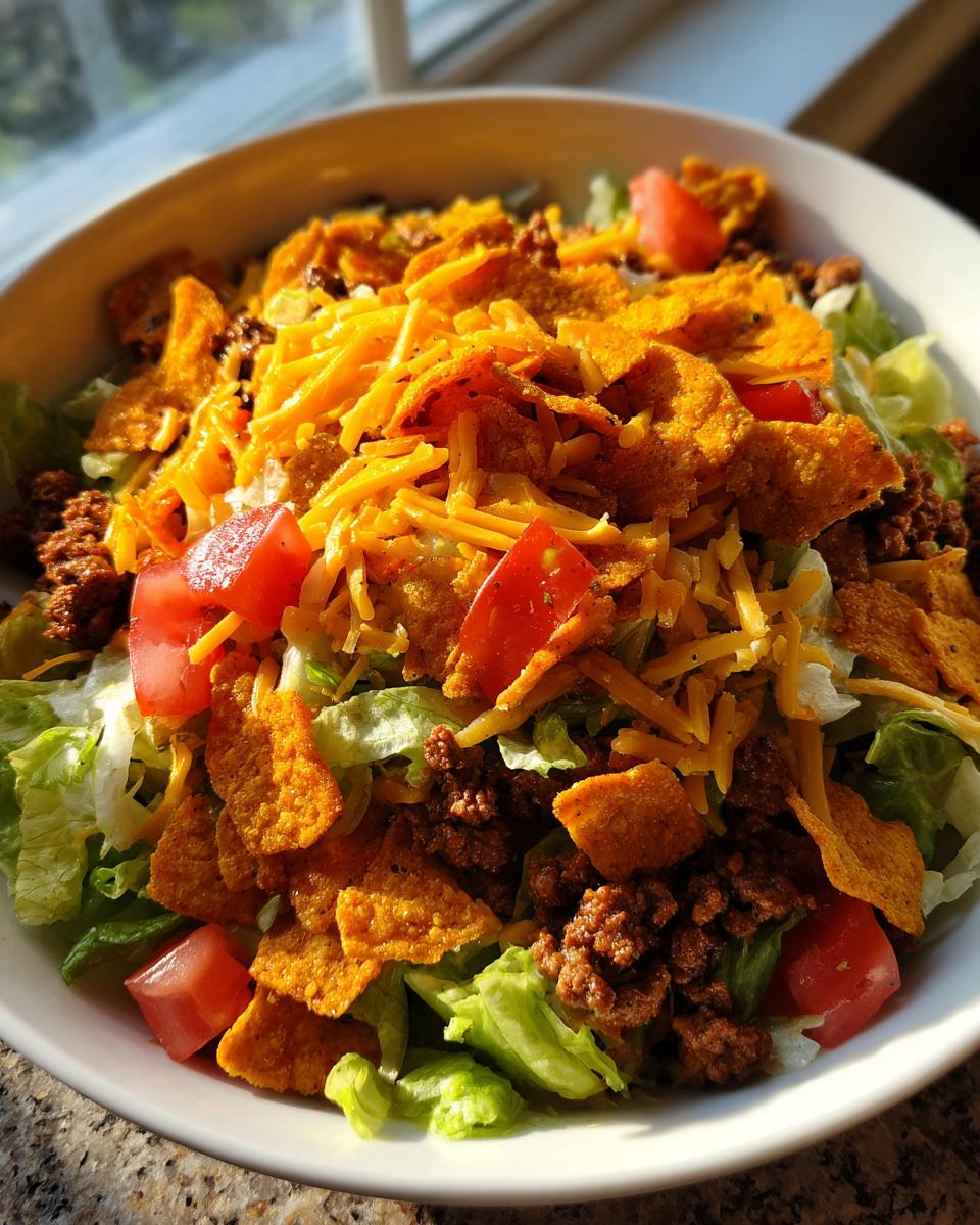 A vibrant bowl of taco salad featuring crisp lettuce, seasoned ground beef, diced tomatoes, shredded cheese, and crushed tortilla chips.