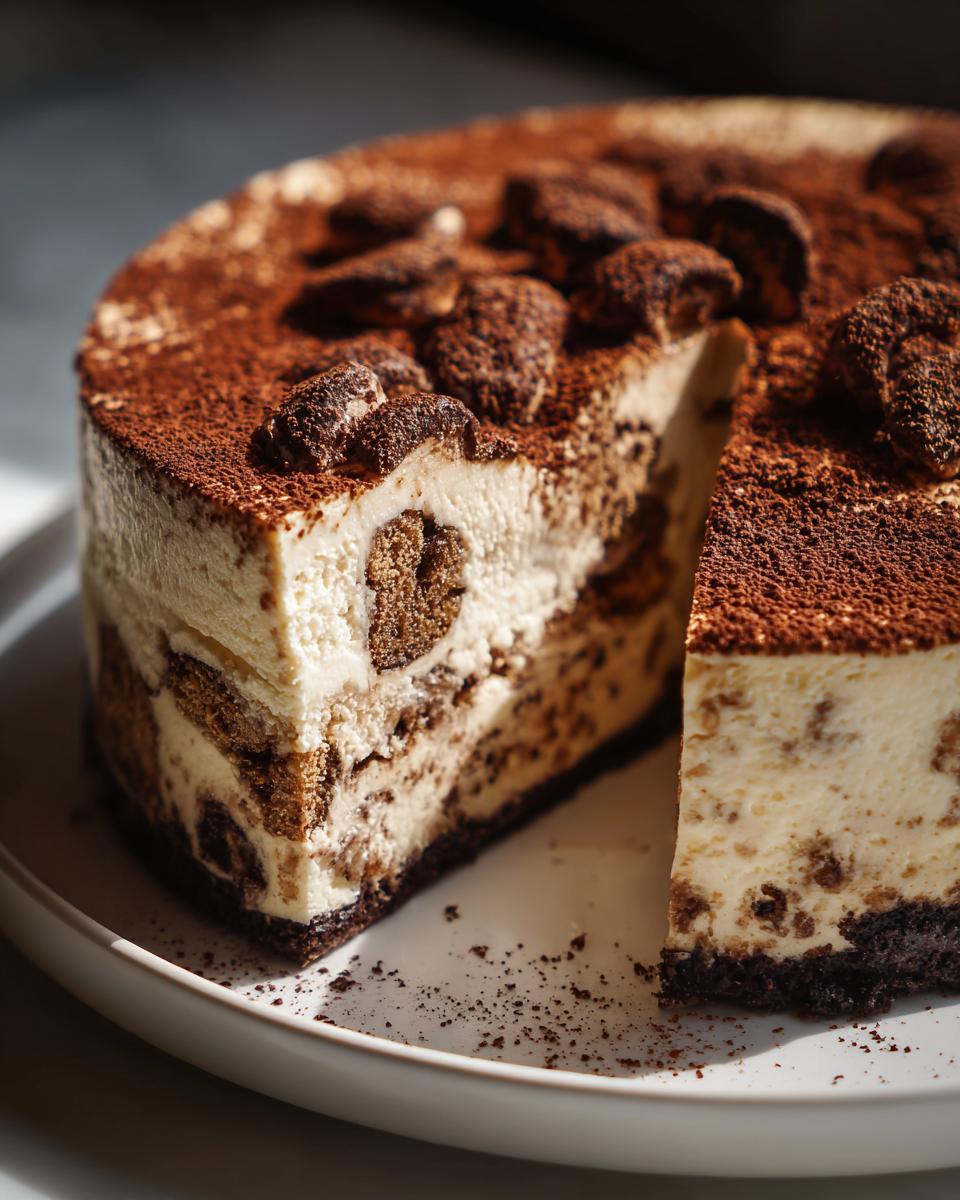Close-up of a rich tiramisu cheesecake with a slice removed, showing creamy filling and coffee-soaked layers, dusted heavily with cocoa.