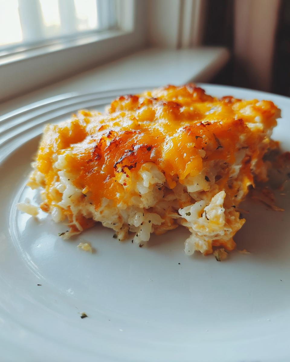 A close-up of a square serving of angel chicken rice casserole topped with melted, browned cheddar cheese.