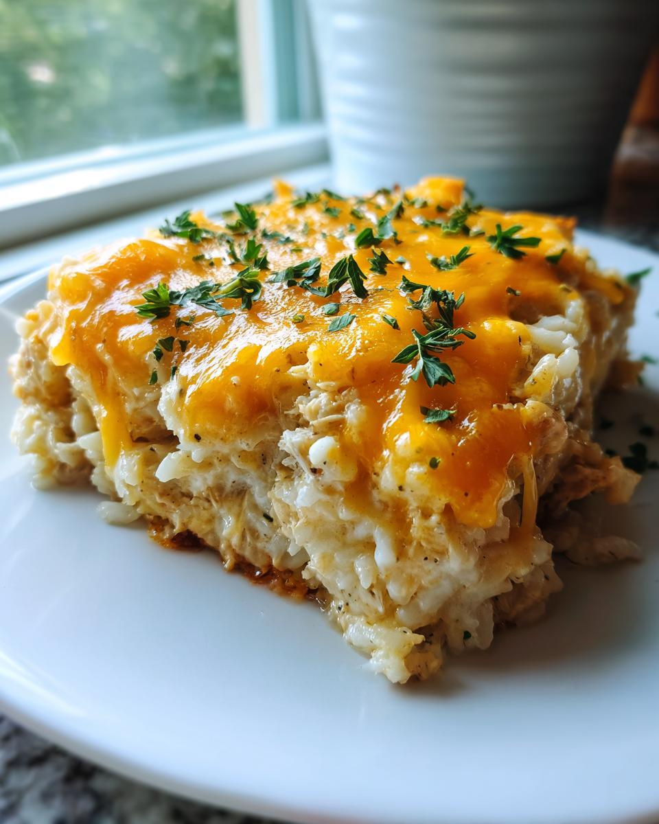 A square serving of creamy angel chicken rice casserole topped with melted cheddar cheese and fresh parsley.