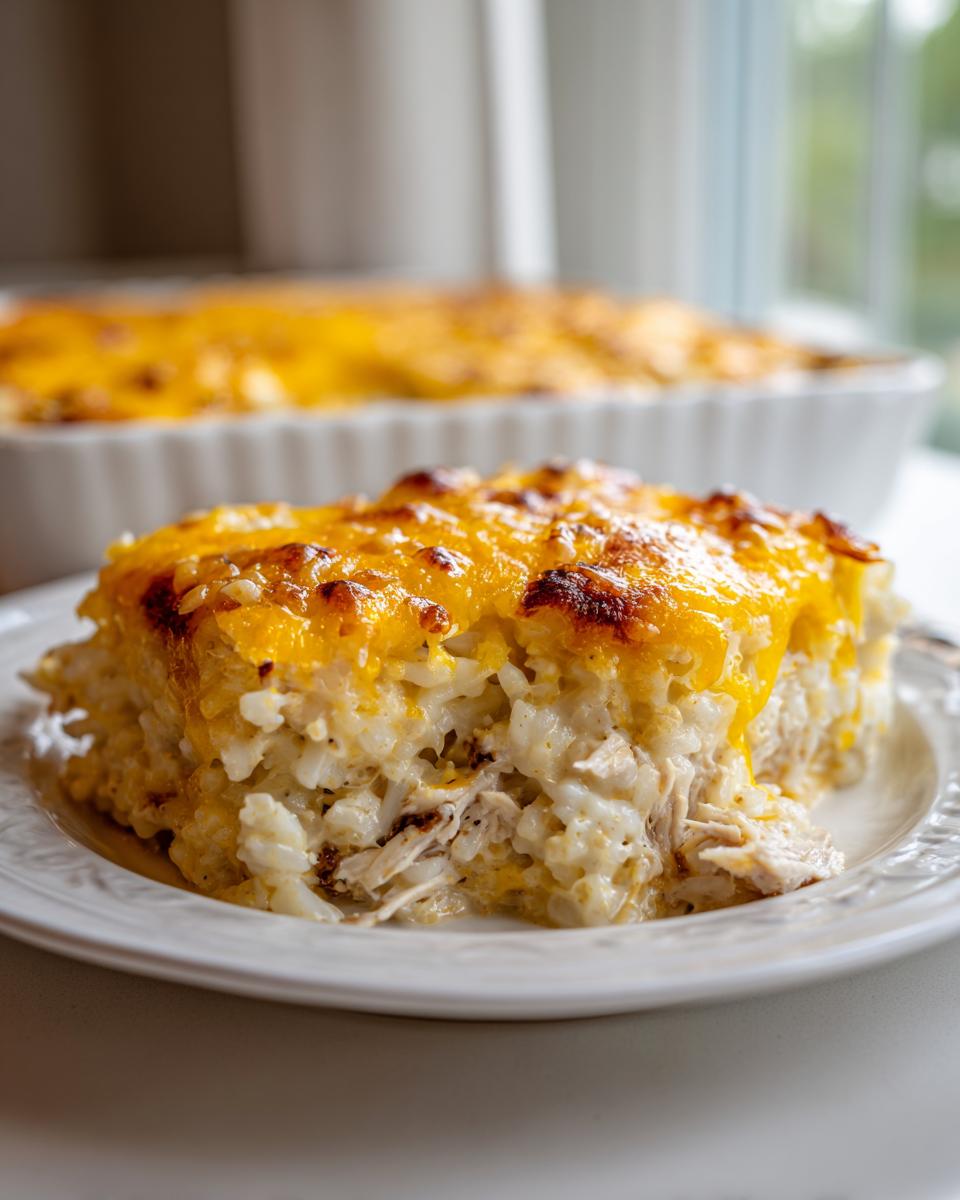 A square serving of creamy angel chicken rice casserole topped with bubbly, browned cheddar cheese on a white plate.