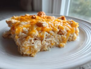 A close-up of a square serving of creamy angel chicken rice casserole topped with melted cheddar cheese.