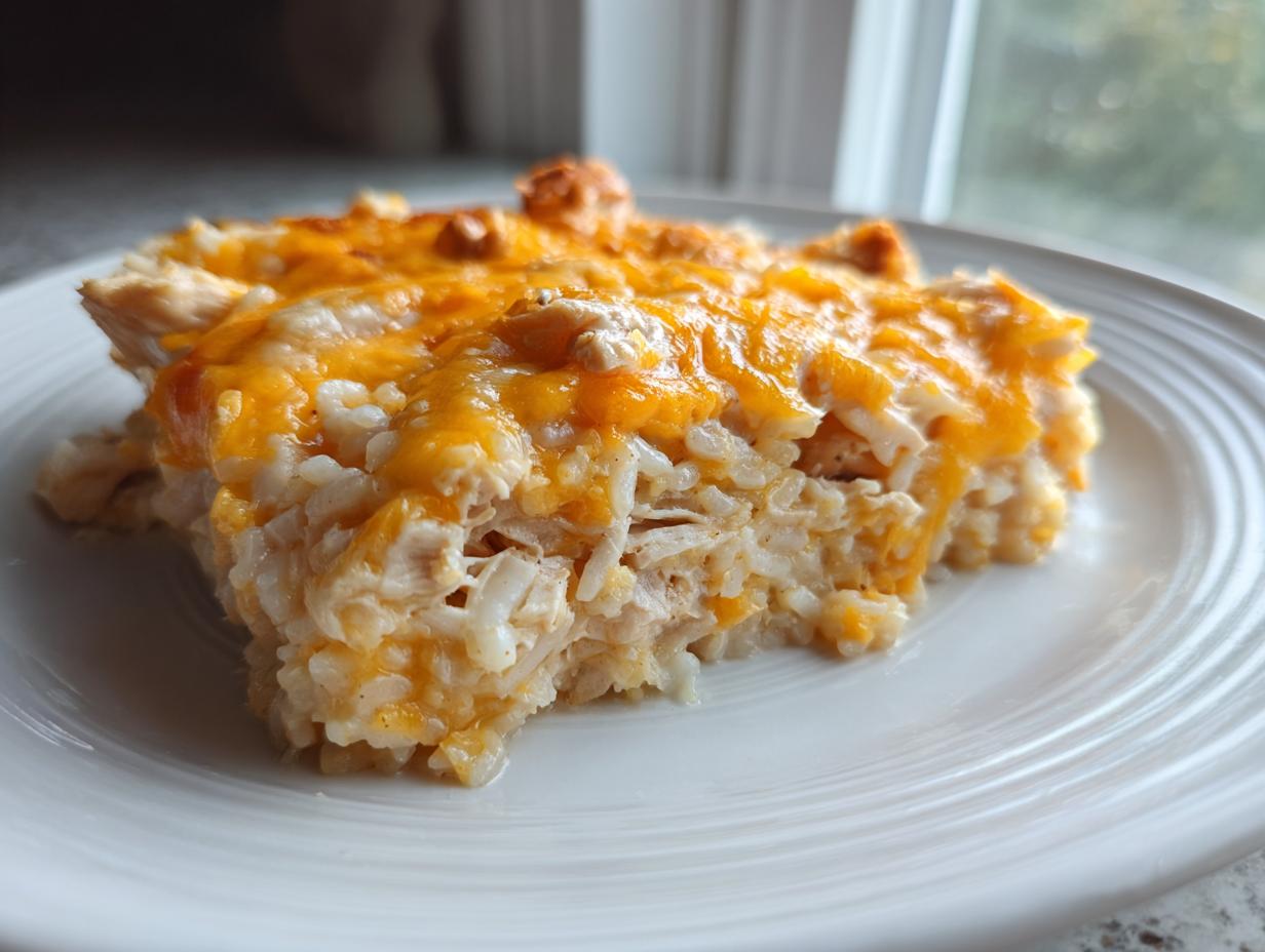 A close-up of a square serving of creamy angel chicken rice casserole topped with melted cheddar cheese.