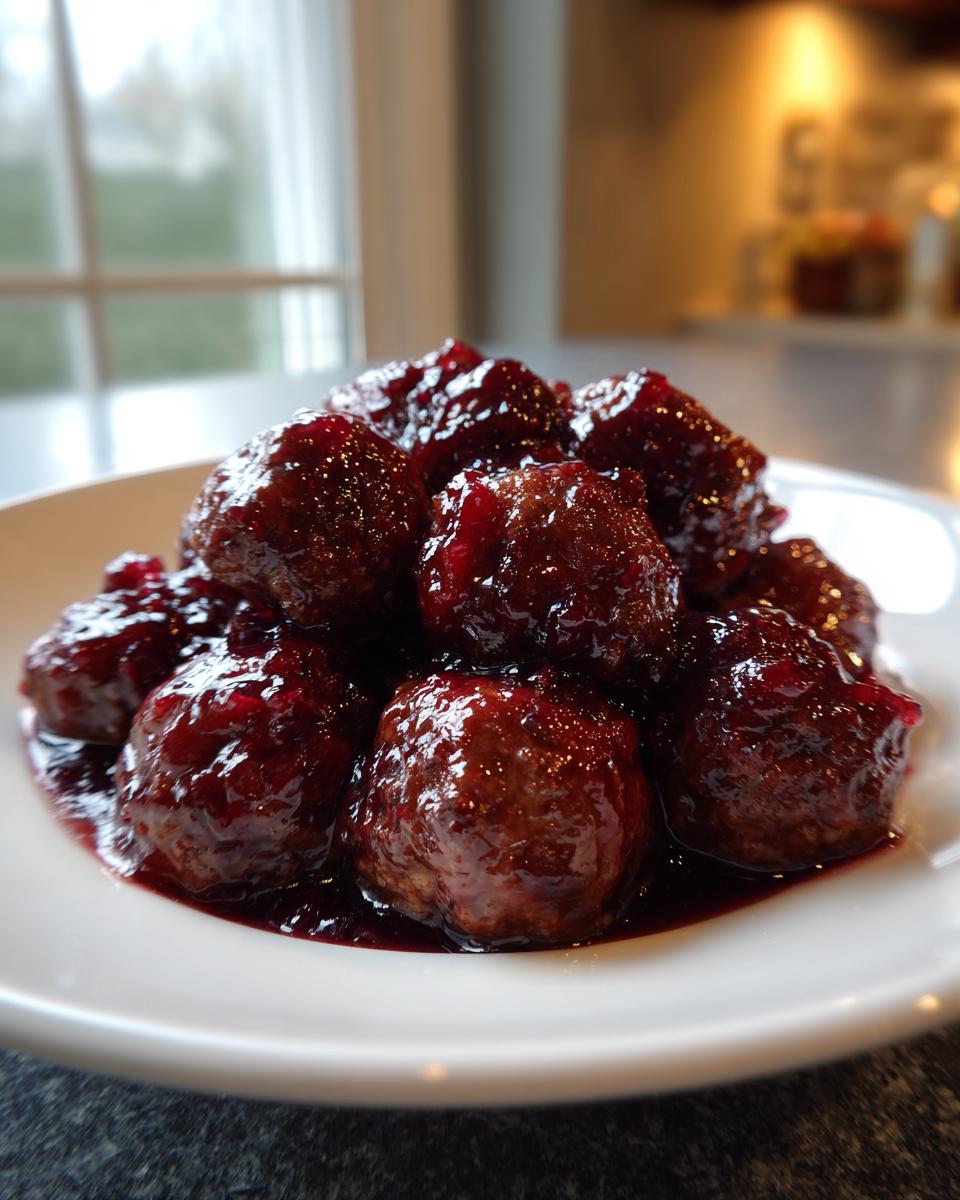 A close-up of several glistening Grape Jelly Meatballs piled on a white plate, coated in a thick, dark purple sauce.