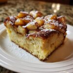 A thick slice of baked Apple Cinnamon French Toast topped with caramelized apples and powdered sugar.