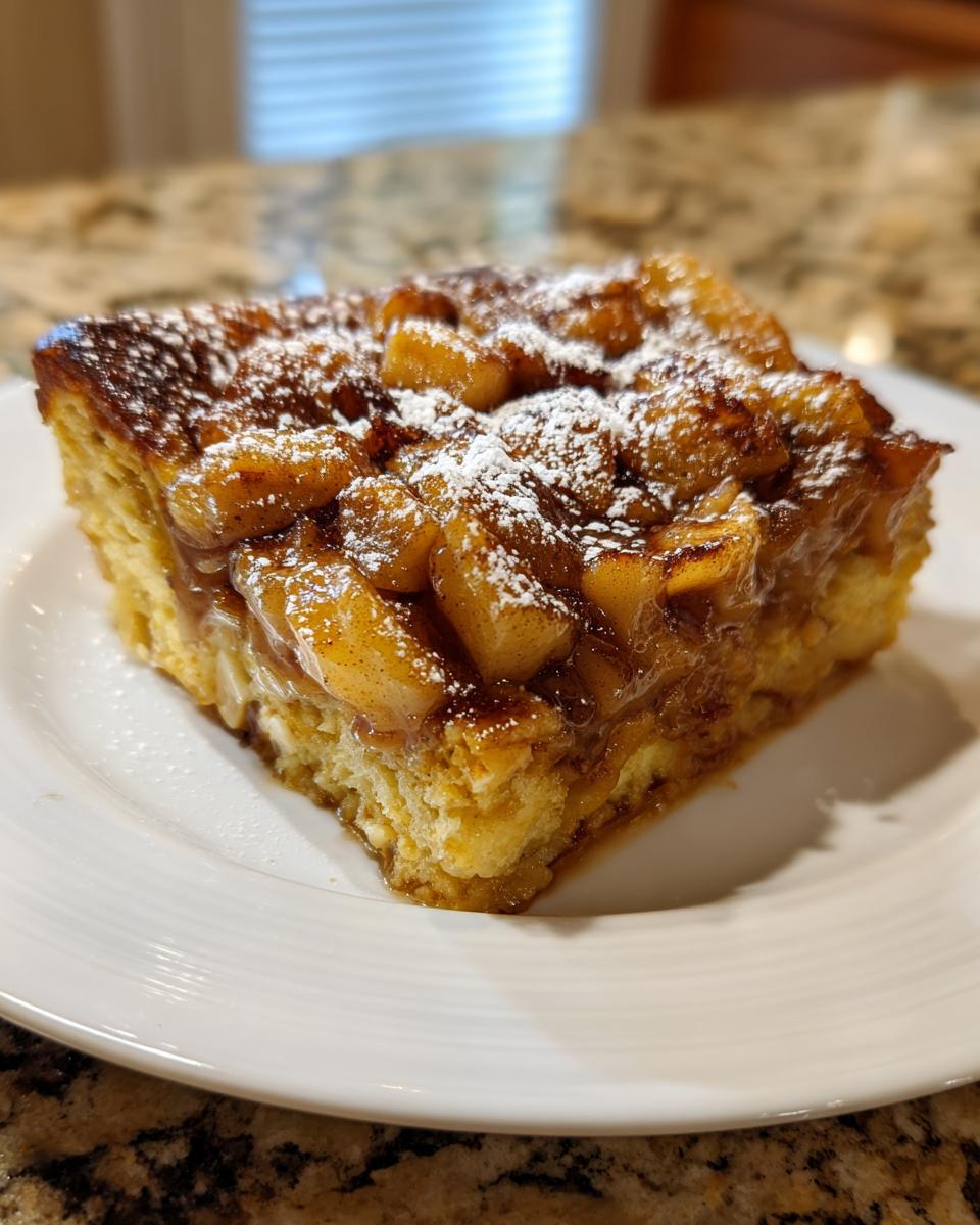 A close-up of a square slice of Apple Cinnamon French Toast topped with caramelized apples and powdered sugar.