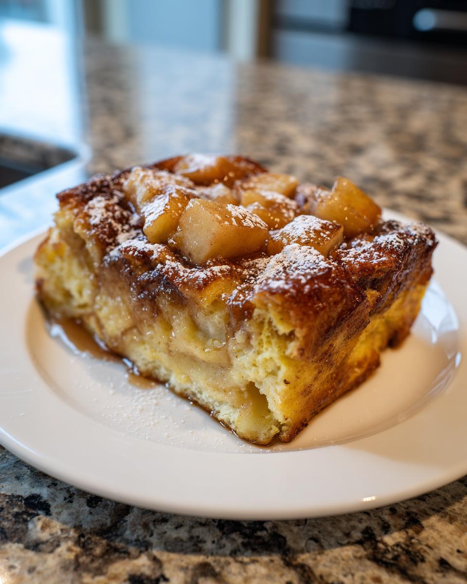 A thick slice of baked Apple Cinnamon French Toast topped with caramelized apples and powdered sugar.