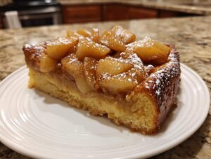A thick slice of Apple Cinnamon French Toast topped with caramelized apples and powdered sugar.