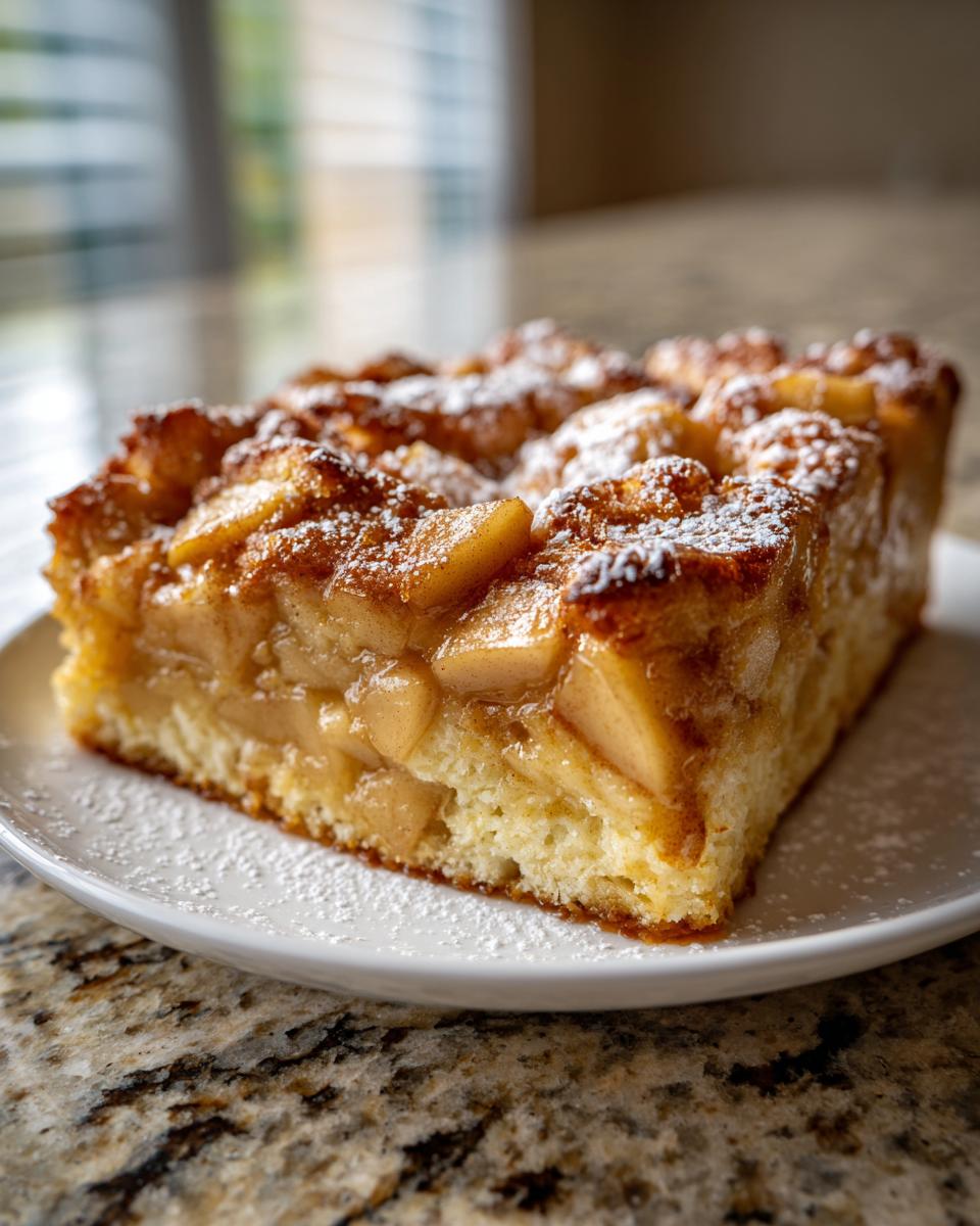 A thick, golden slice of Apple Cinnamon French Toast topped with caramelized apples and powdered sugar.